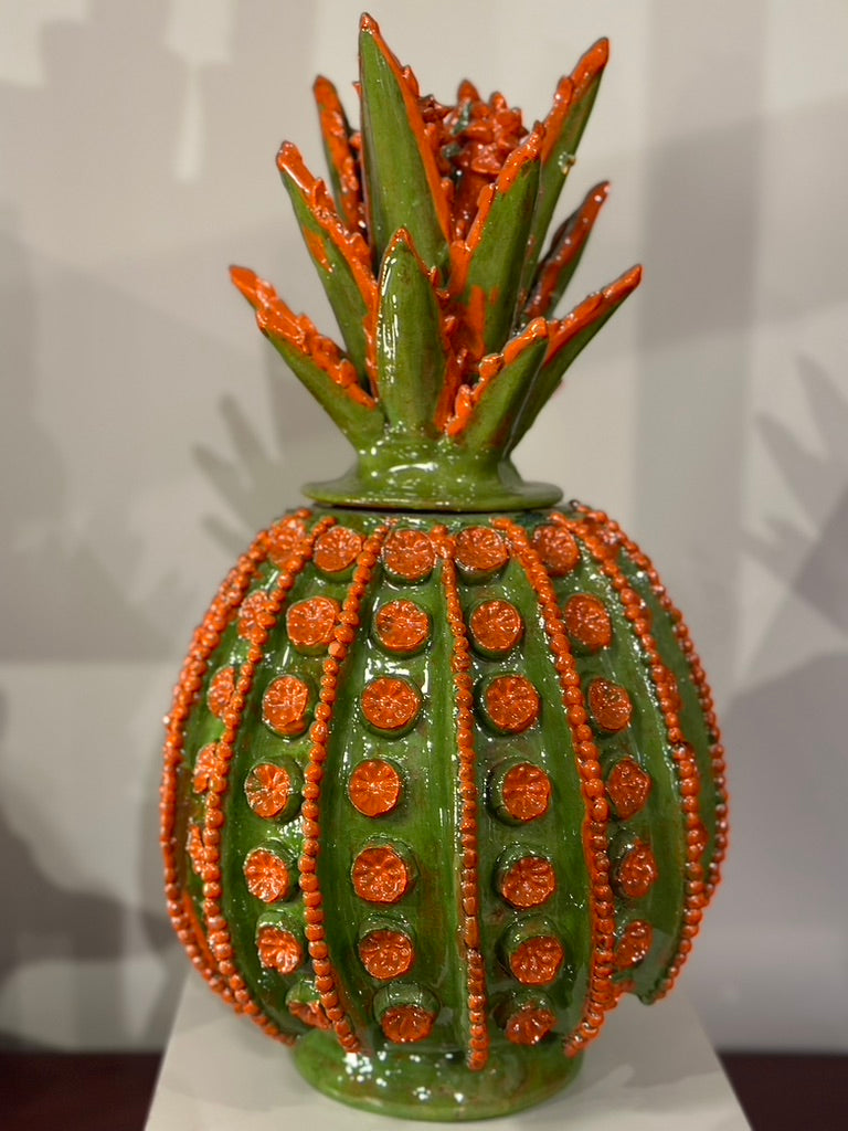 Piña esmaltada 40 cm, bicolor verde/naranja, flor