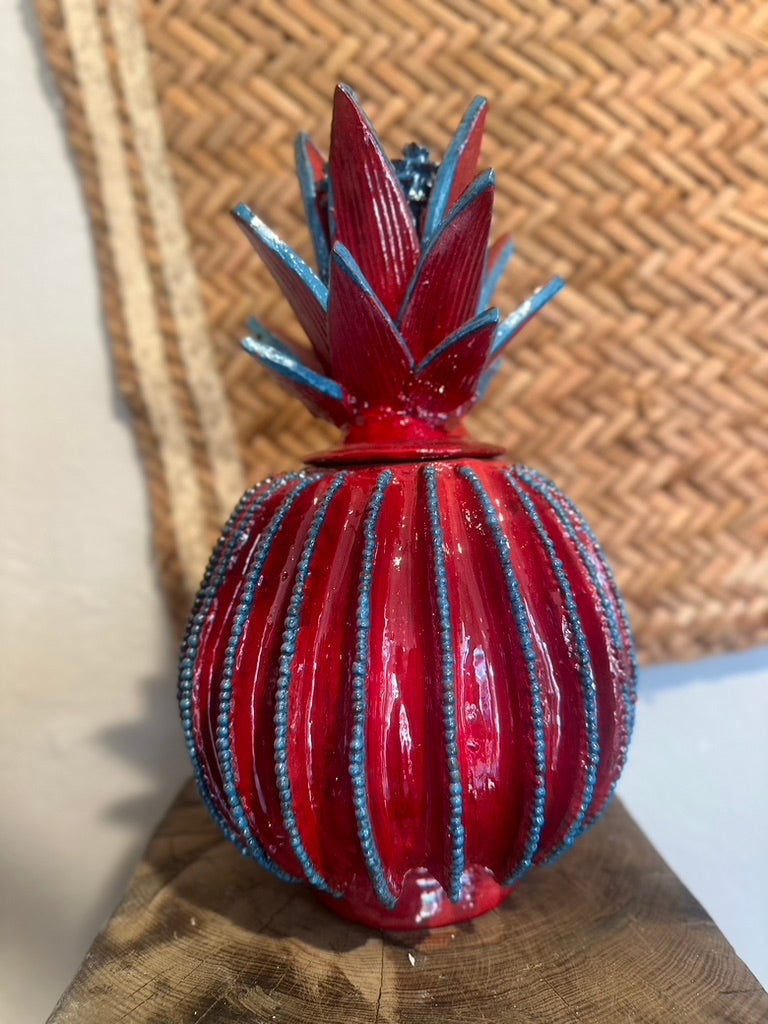 Piña esmaltada 40 cm, bicolor rojo/turquesa, lineal