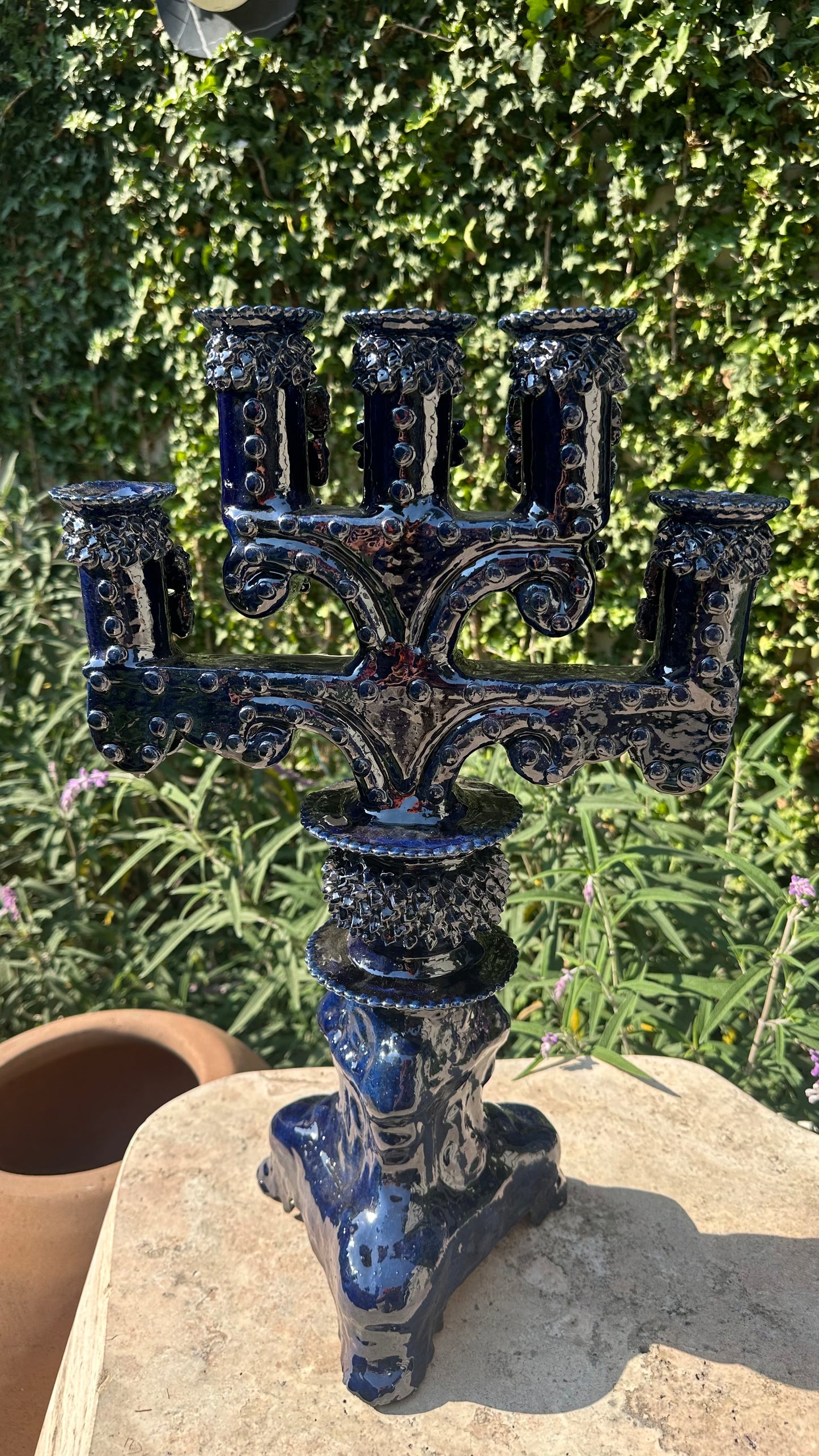 Candelabro esmaltado 5 velas azul, 50 cm