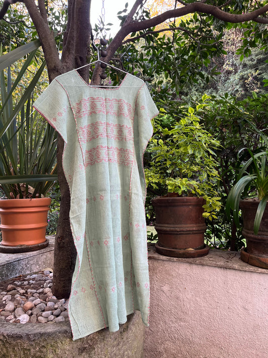 Huipil en Algodón Orgánico Calado verde/rosa