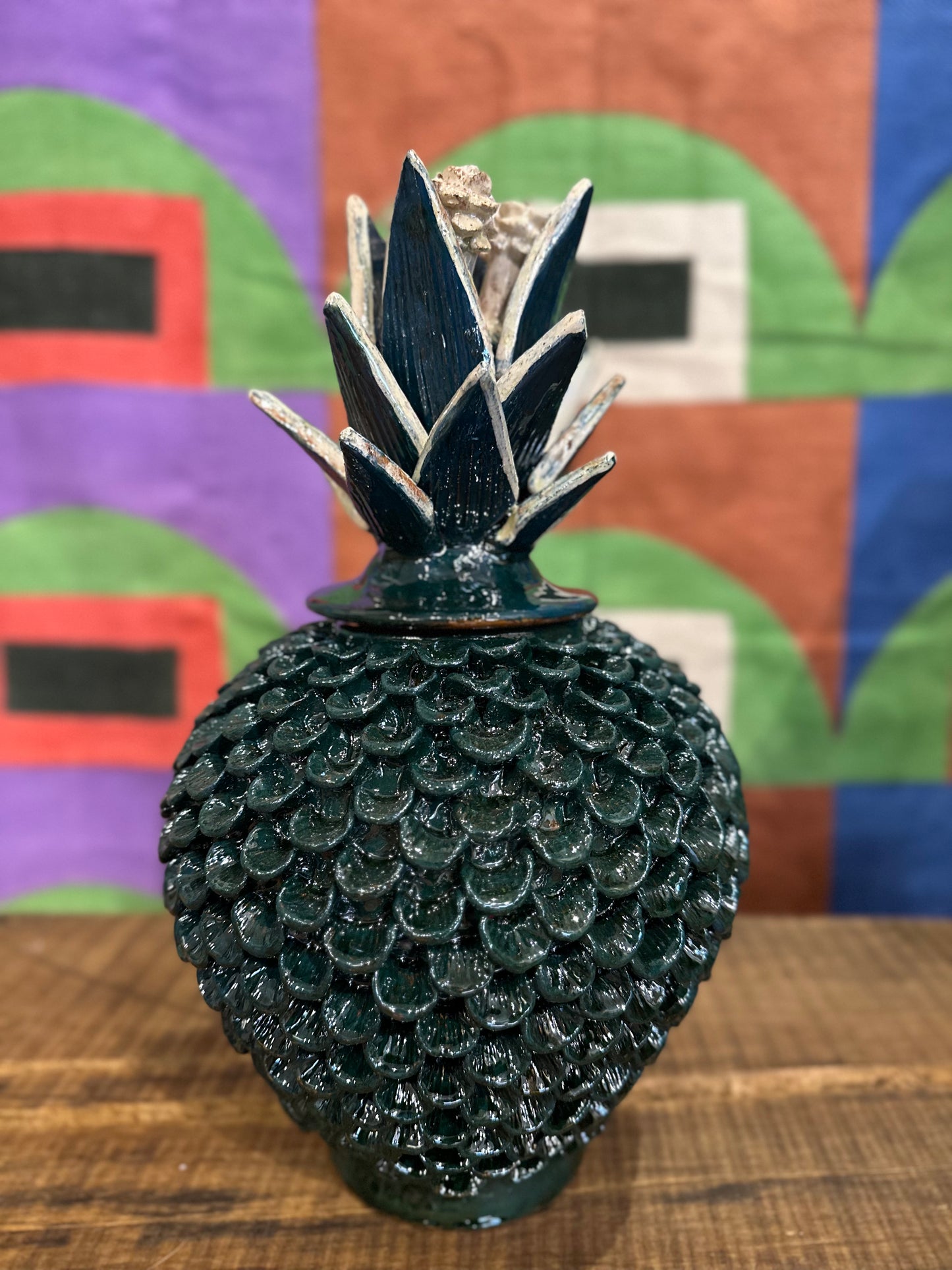 Piña esmaltada 40 cm, verde esmeralda