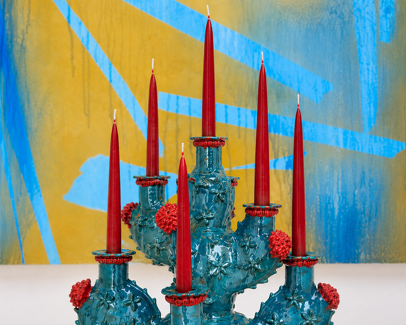 Candelabro Nopal azul con rojo
