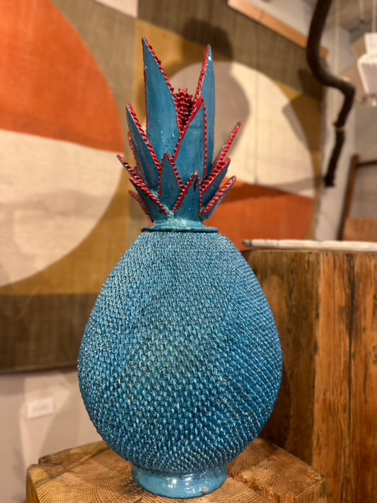 Piña esmaltada 70 cm, turquesa con cabezal con detalle rojo