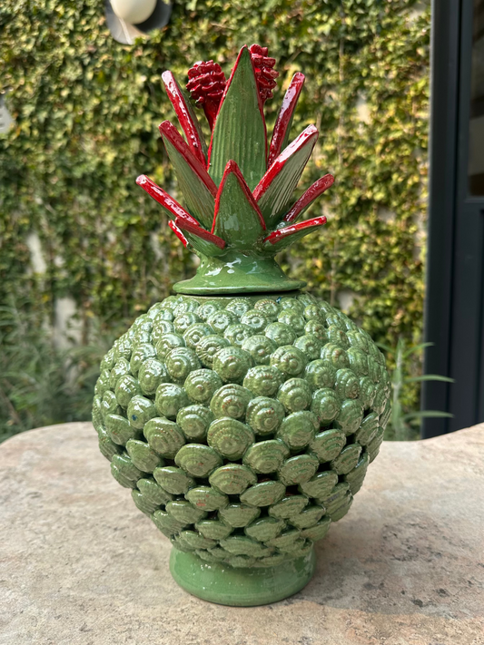 Piña esmaltada 40 cm, bicolor verde claro/rojo, caracol