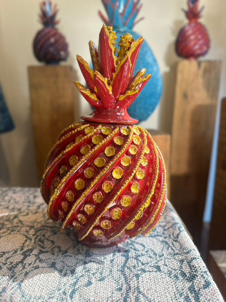 Piña esmaltada 40 cm, bicolor rojo/amarillo, espiral y flor