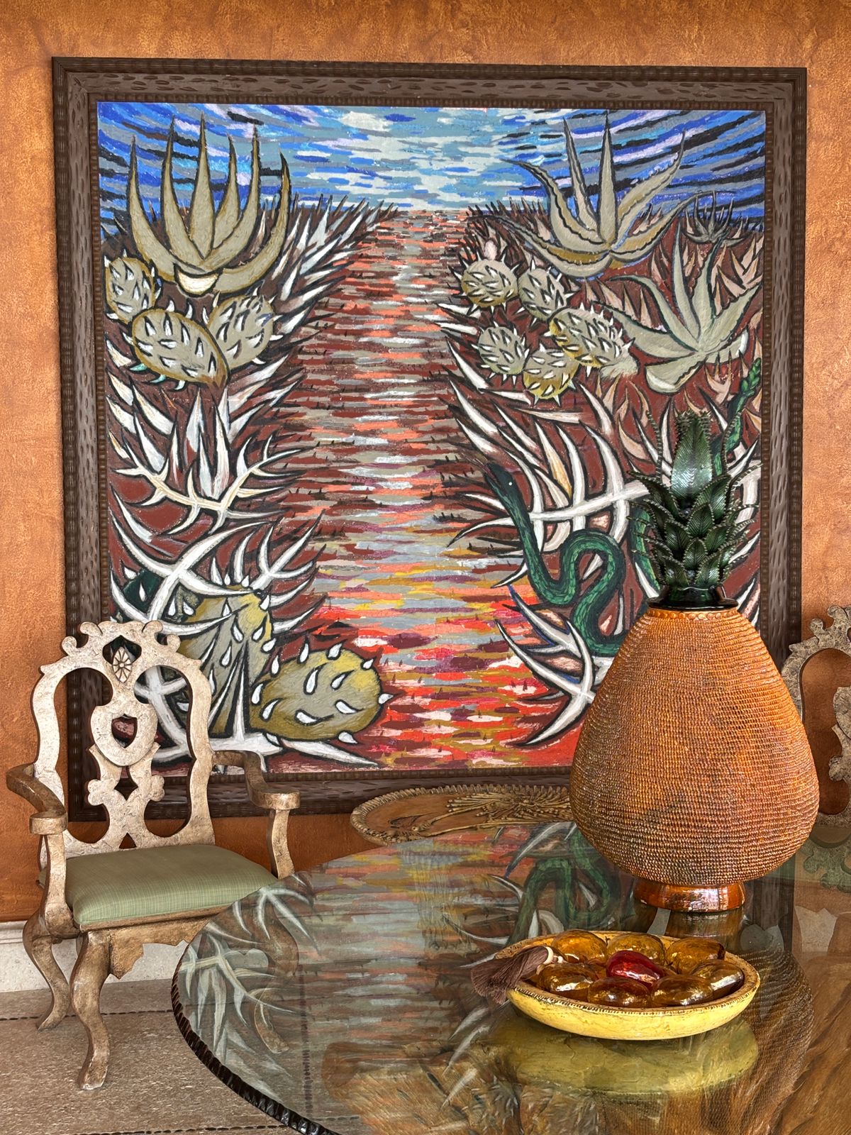 Piña esmaltada ocre y verde, 100 cm