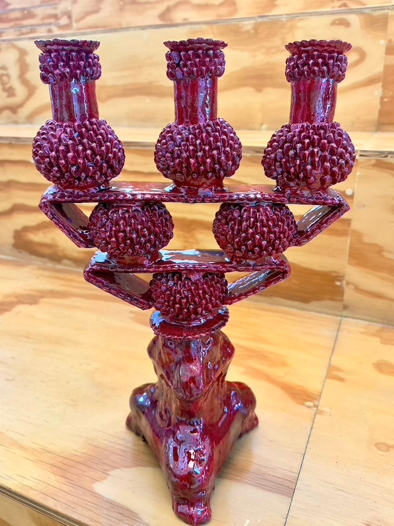 Candelabro esmaltado 3 velas rojo, 50 cm