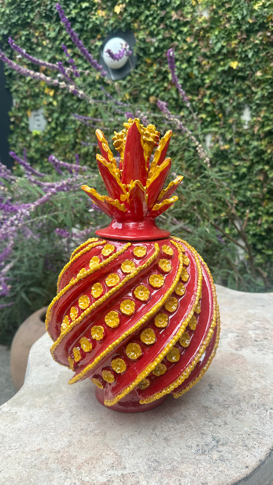 Piña esmaltada 40 cm, bicolor rojo/amarillo, espiral y flor